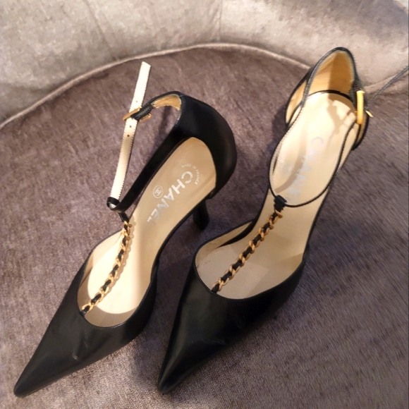 CHANEL Shoes - CHANEL Black and Gold Heels